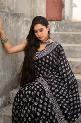 Elegant 1-Minute Ready-to-Wear Black Mul Cotton Digital Printed Saree
